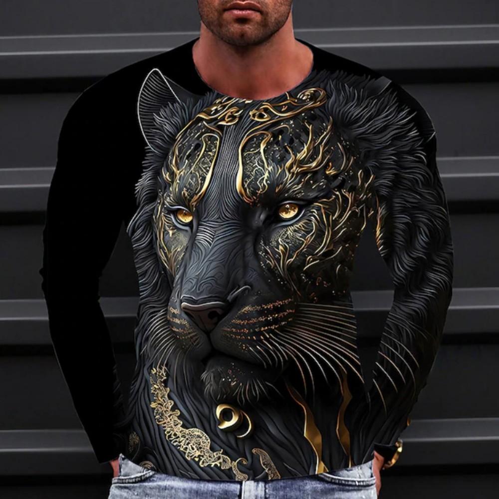 Trendy essential! 3D wolf print long-sleeve T-shirt, stylish casual wear.
