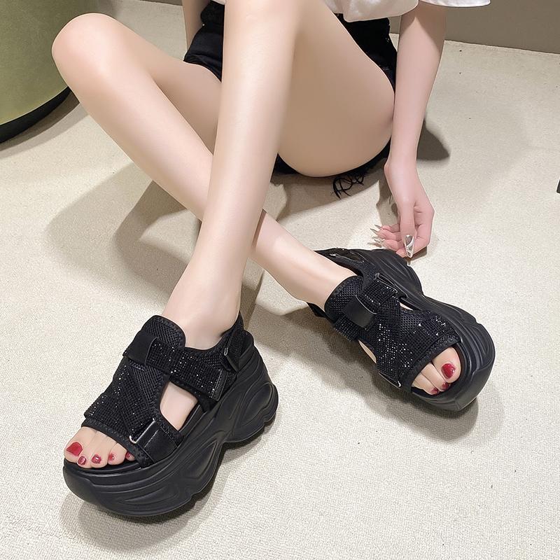 Modne sandały na platformie 8,5 cm dla kobiet, błyszczące koturny na wysokim obcasie, letnie sandały z cyrkoniami zapinane na rzep, masywne sandały, klapki plażowe, zapatos mujer