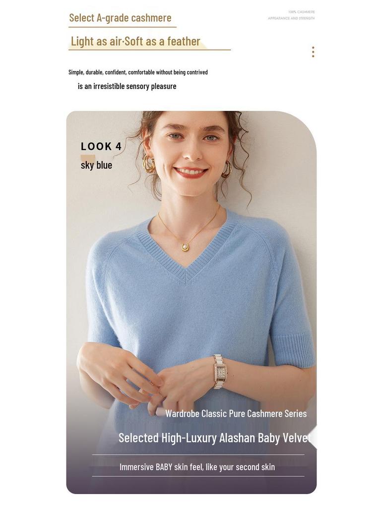 Damen V-Ausschnitt Kaschmir Strick Fünf-Ärmel Pullover - Weich, Slim Fit für Frühling/Herbst