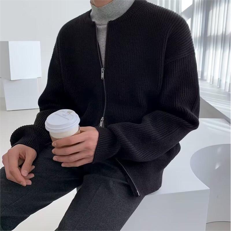 Men's Korean Double Zipper Round Neck Casual Knit Cardigan - Loose, Versatile, Solid Color Sweater.