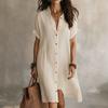 Vestido Chemise Midi Casual de Verão Feminino com Decote V, Manga Curta, Botões, Algodão e Linho