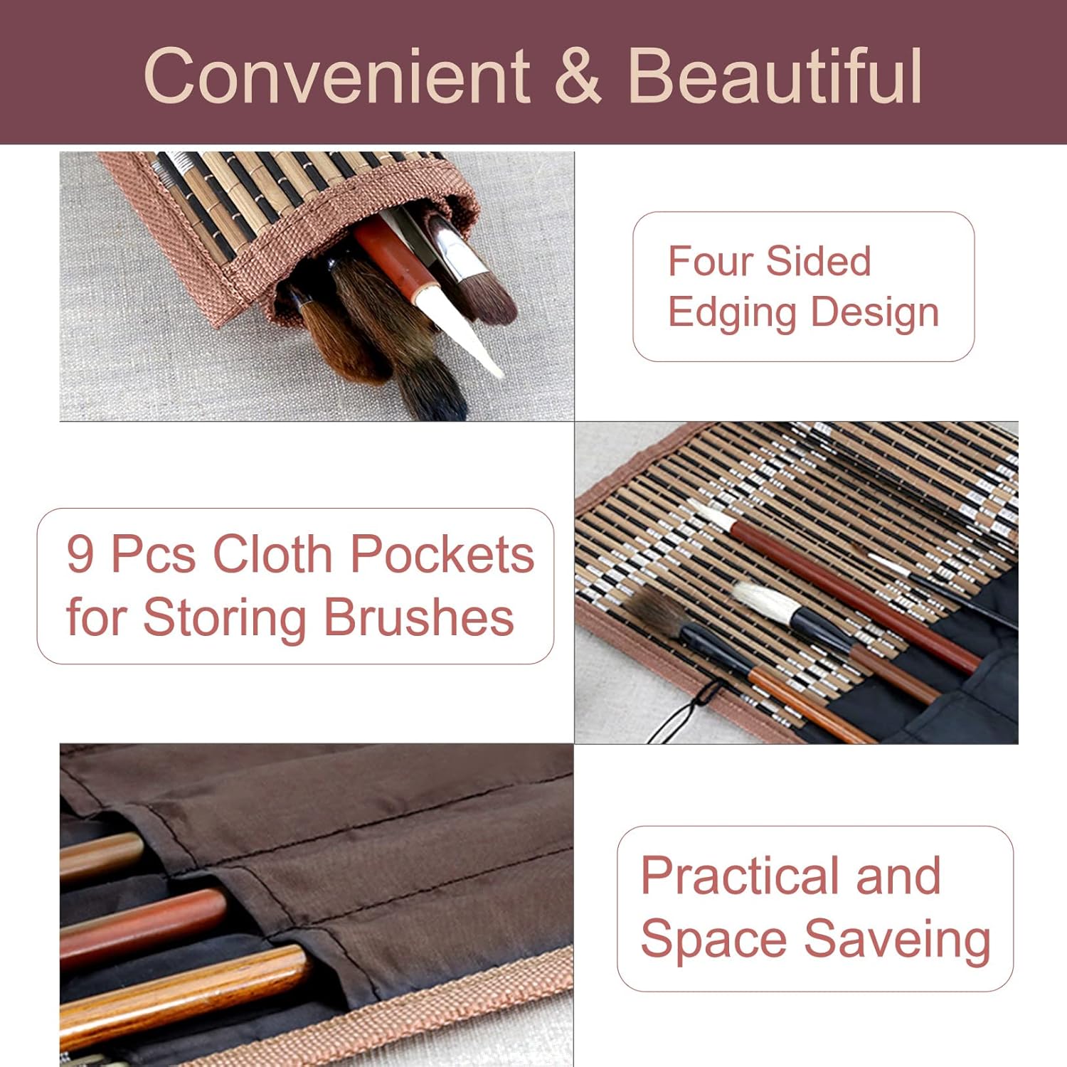 Paint Brush Holder, Bamboo Rollup Pen Case Travel Breathable Bamboo Rolling Bag with 9pcs Cloth Pockets Painting Tool Organizing Case for Acrylic Oil