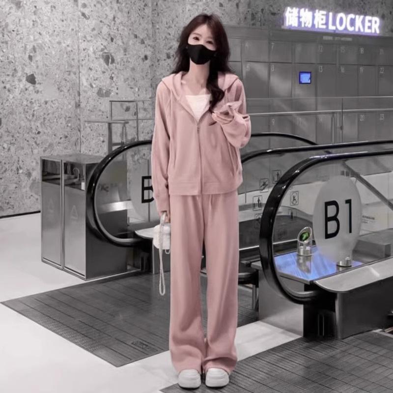 

Повседневные спортивные комплекты женские осенне-зимние модные свободные костюмы с карманами, украшением, кардиганом с капюшоном, толстовкой и спортивными штанами, комплект из 2 предметов S розовый