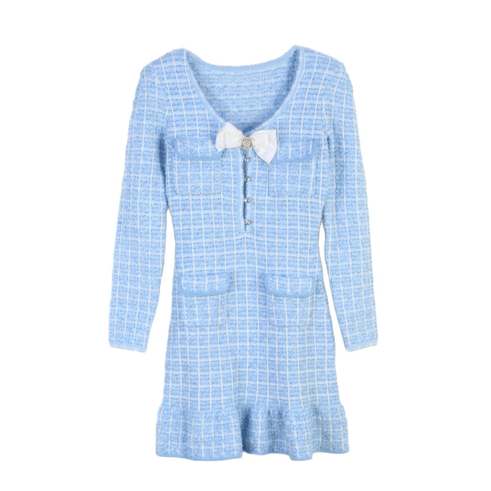 

SP Французское платье-бант для светской львицы, облегающее вязаное платье - Женское весенне-летнее платье с длинным рукавом L