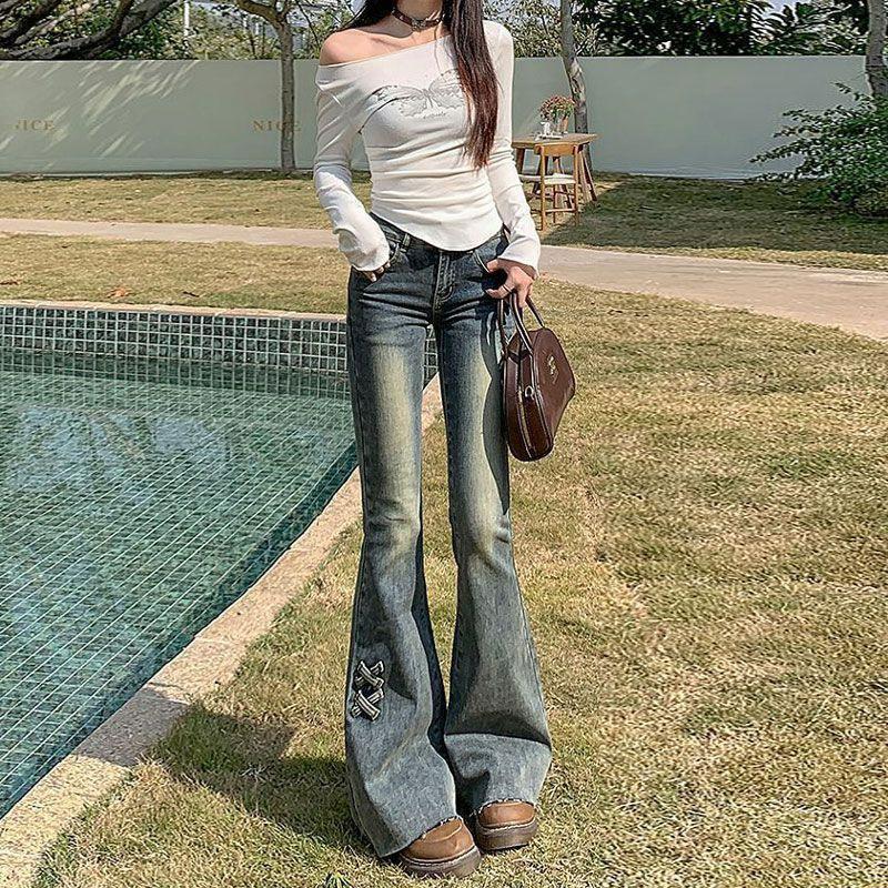 Big Yards Micro Flare Jeans Female Slim High Waist Design Sense Double Button Retro Elastic Flare Trousers Jeans for Women Long Denim Pants