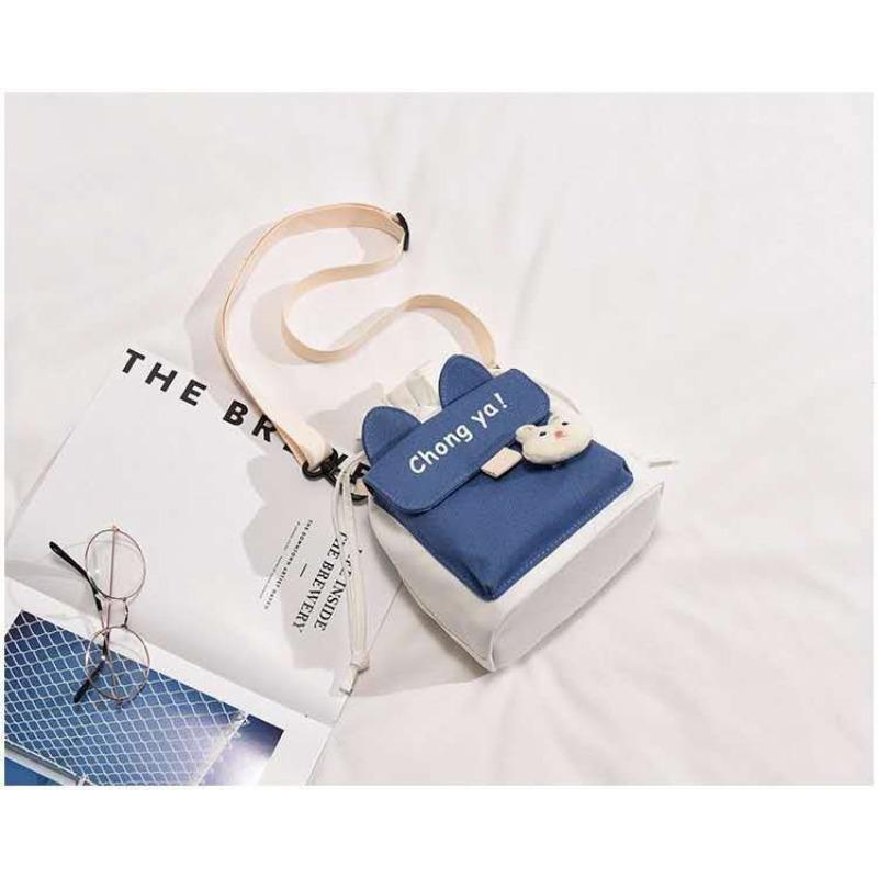Kawaii Korean Style Canvas Bucket Bag, Cute Letter Print Drawstring Crossbody Purse, Soft Cotton Shoulder Bag for Women