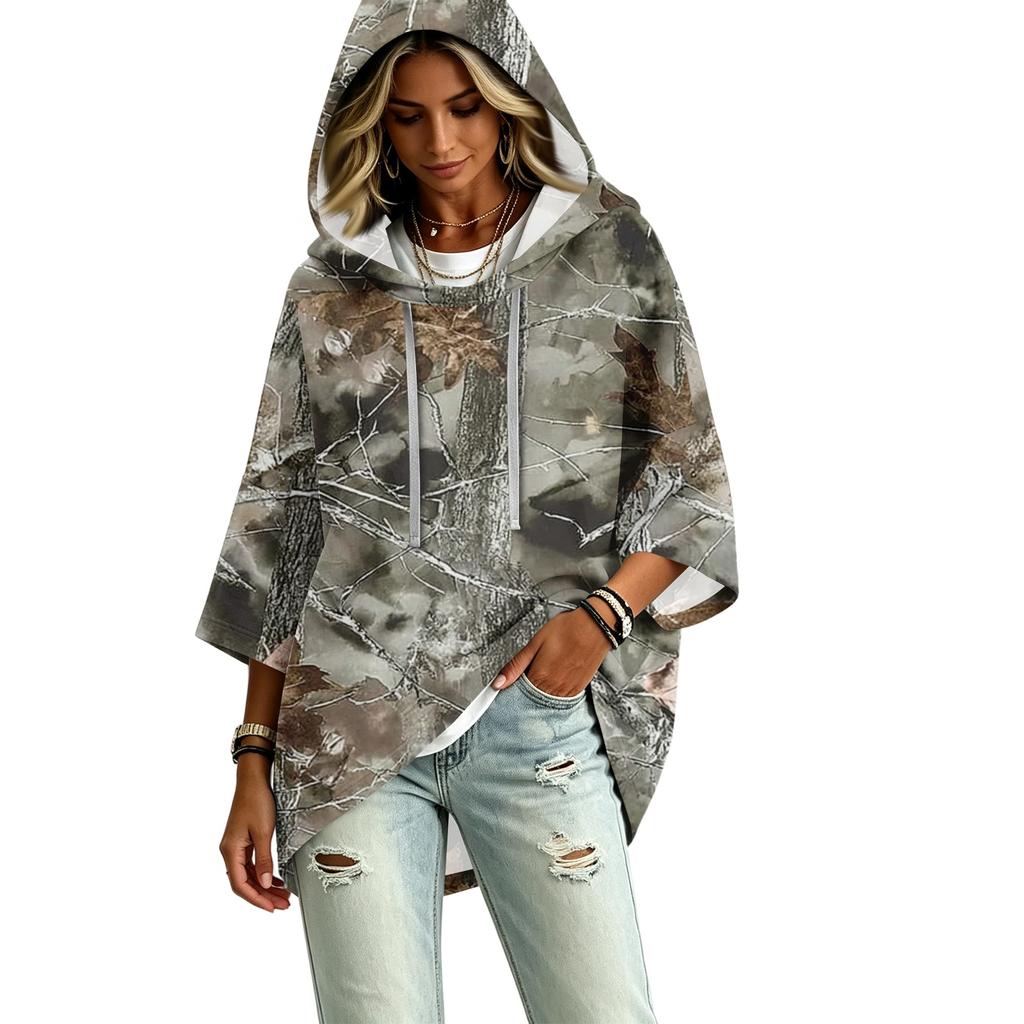 Damenmode Dreiviertelarm Blätterdruck Kapuzen-Pullover-Oberteil