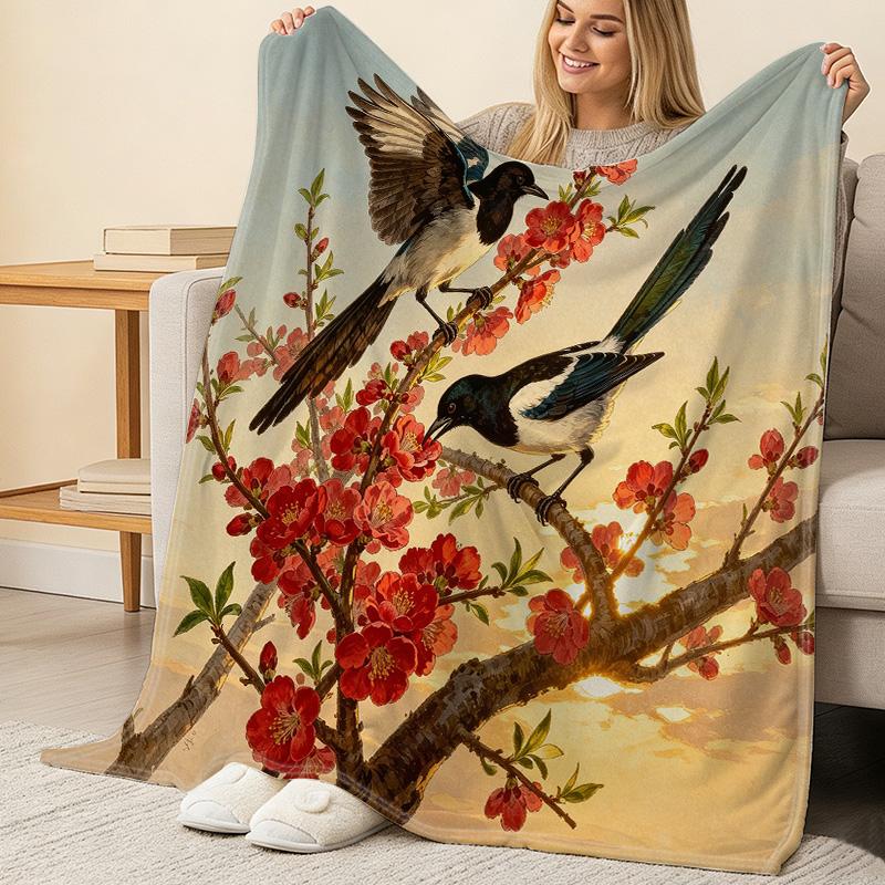 Magpie Floral Print Flannel Fleece Blanket High-Density Plush, Warm & Cozy Throw for Home, Christmas & Halloween