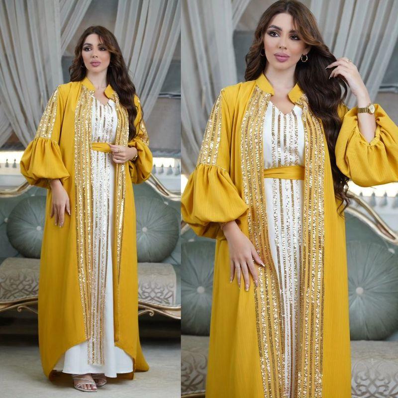 Middle East Indonesia Robe Fashion Sequin Embroider Sleeveless Maxi Dress Two-piece Set Puff Sleeve Dress Dress
