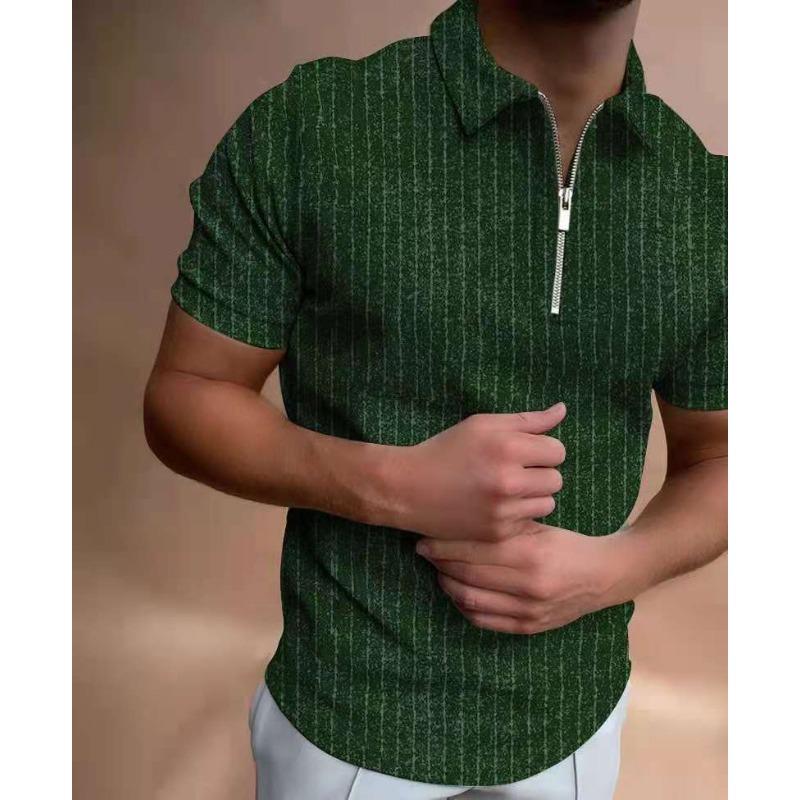 Summer Polo Shirt Zipper Striped Short Sleeved Men's T-shirt Top