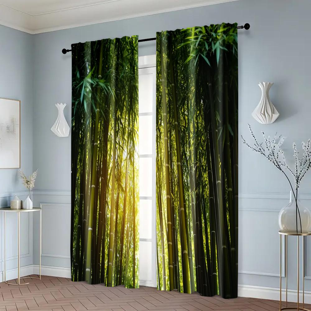 2pcs, Creative Curtains Bamboo forest under the sun Machine Washable Fabric (without rod) Decorations Outdoor Ldeal for Bedroom,
