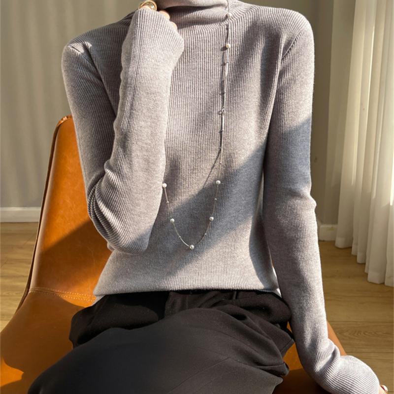 

Вязаная базовая рубашка с воротником-стойкой для женщин, новинка осени и зимы, приятный к коже теплый свитер, простой и универсальный топ с длинным рукавом XXL светло-серый