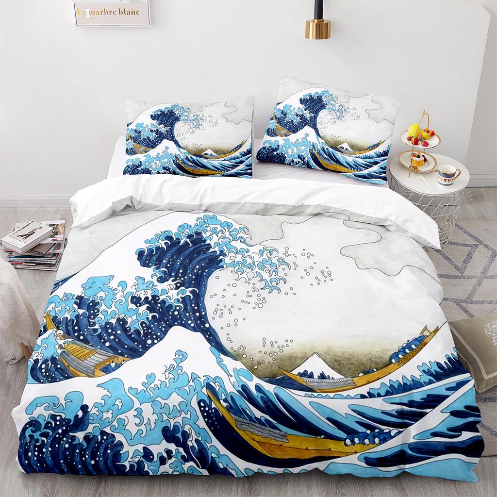 Ukiyo-e Duvet Cover Set King Queen Full Size  Theme Wave Pattern Polyester Bedding Set Fuji Mountain Exotic Abstract Style
