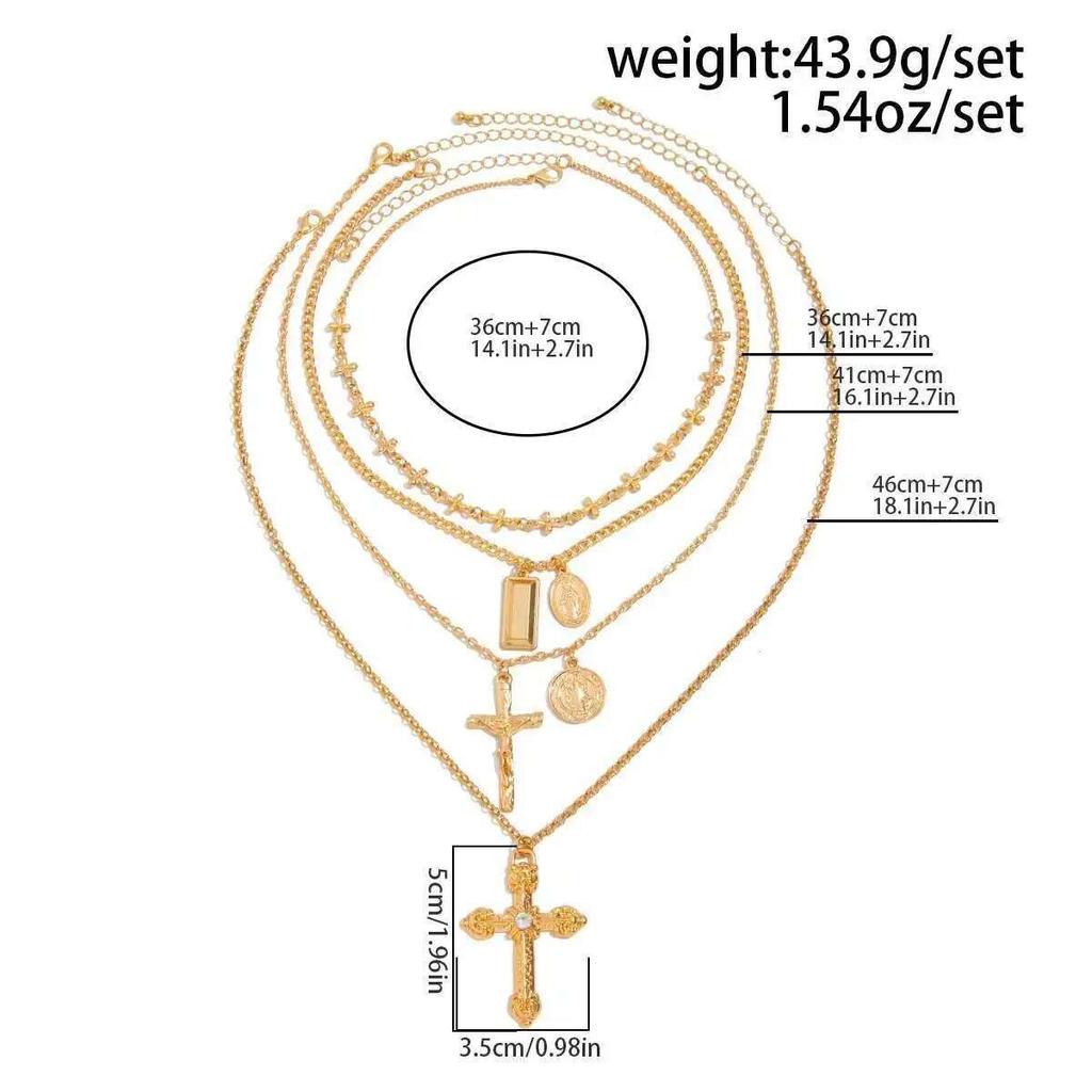 PuRui 4Pcs/Set Creative Square Dangle Jesus Cross Round Coin Pendant Alloy Necklace Women Fashion Party Banquet Y2K Zircon New