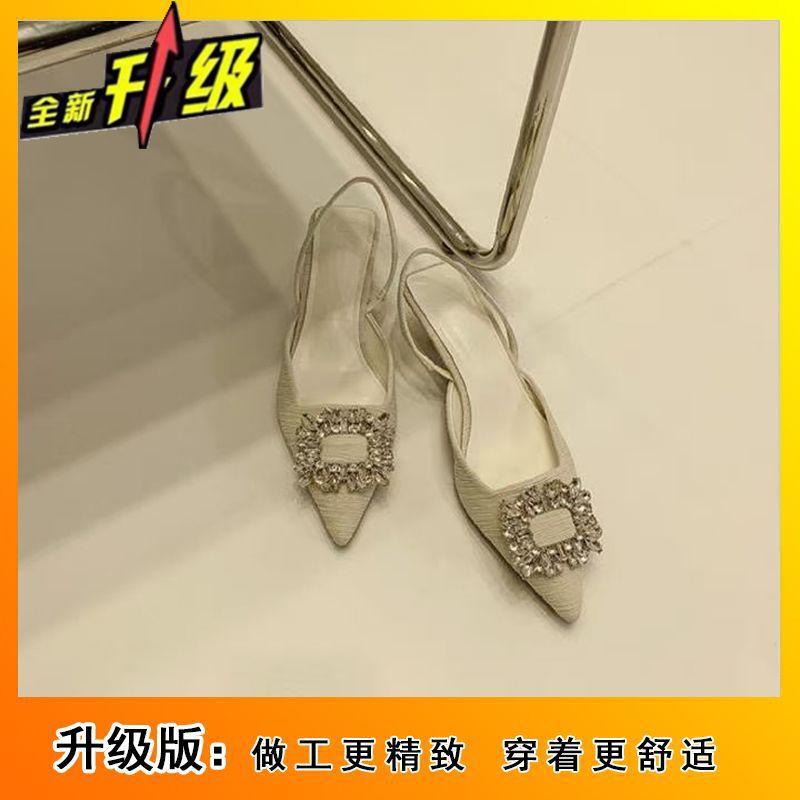 Square Buckle Rhinestone Pointed Head Shallow Mouth Rear Empty Thin Heel High Heel Sandals Women's 2025 New Bag Head Cool Slippers Women