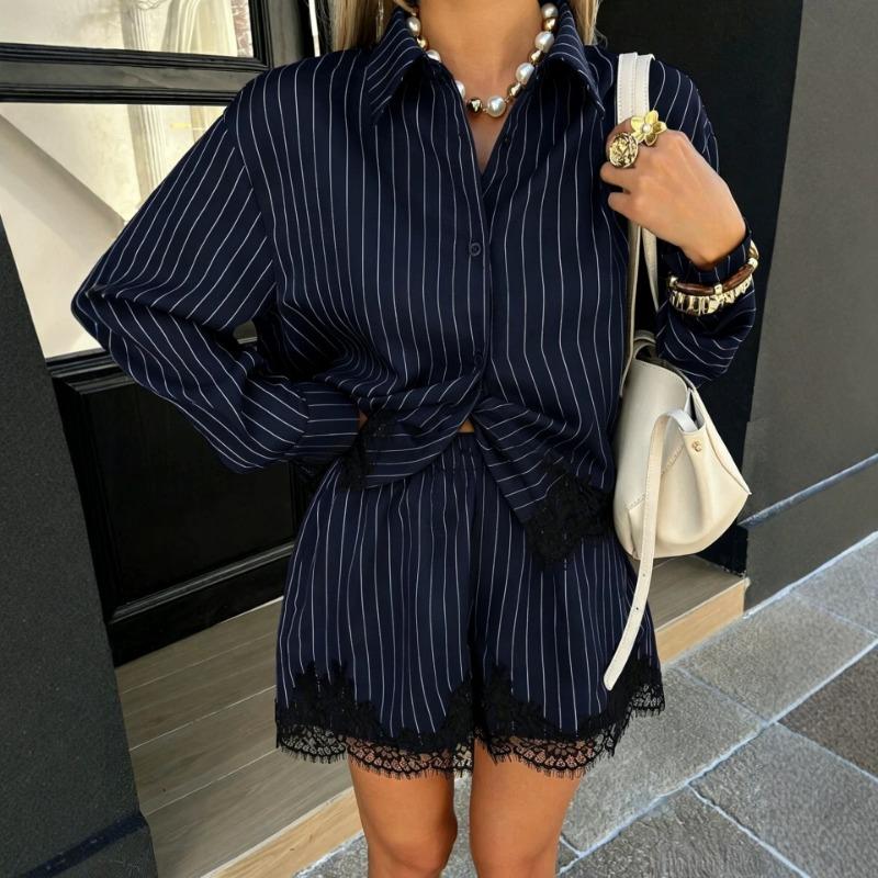Women Lace Splicing Striped Long Sleeve Shirt And Drawstring Shorts Two Piece Set