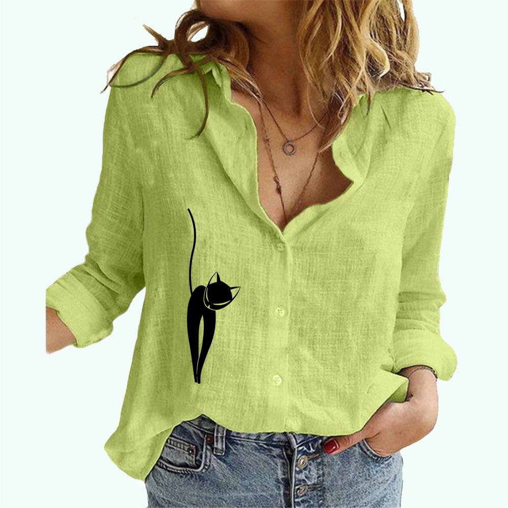 Women Fashion Lapel Neck Cardigan Shirt Ladies Long Sleeve Cotton Linen Top Cat Print Spring&Summer&Fall Casual Loose Blouses