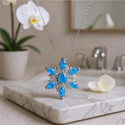 Snowflake Pendant Necklace - Imitation Opal Fashion Accessory for Christmas Parties