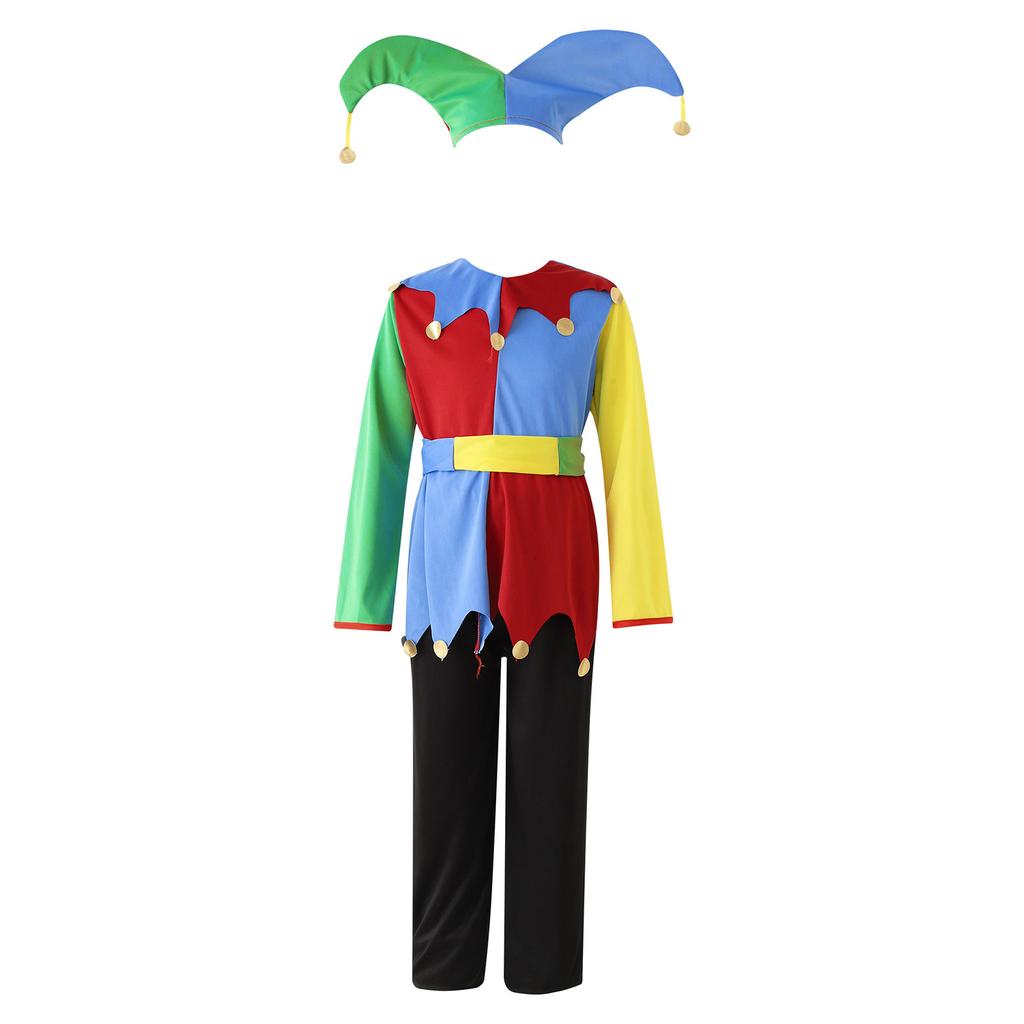 Unisex Circus Clown Costume Color Block Patchwork Clown Dress Hat Waistband Pants Halloween Performance Attire