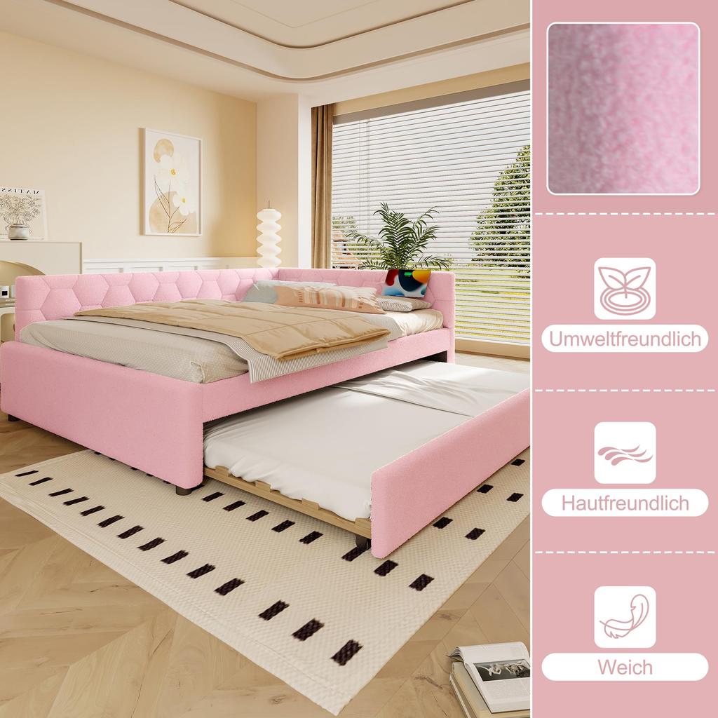 Tagesbett 140x200cm Schlafsofa Ausziehbett Nachttischlampe USB Typ-C Bettrahmen Lattenrost Samt(ohne Matratze)