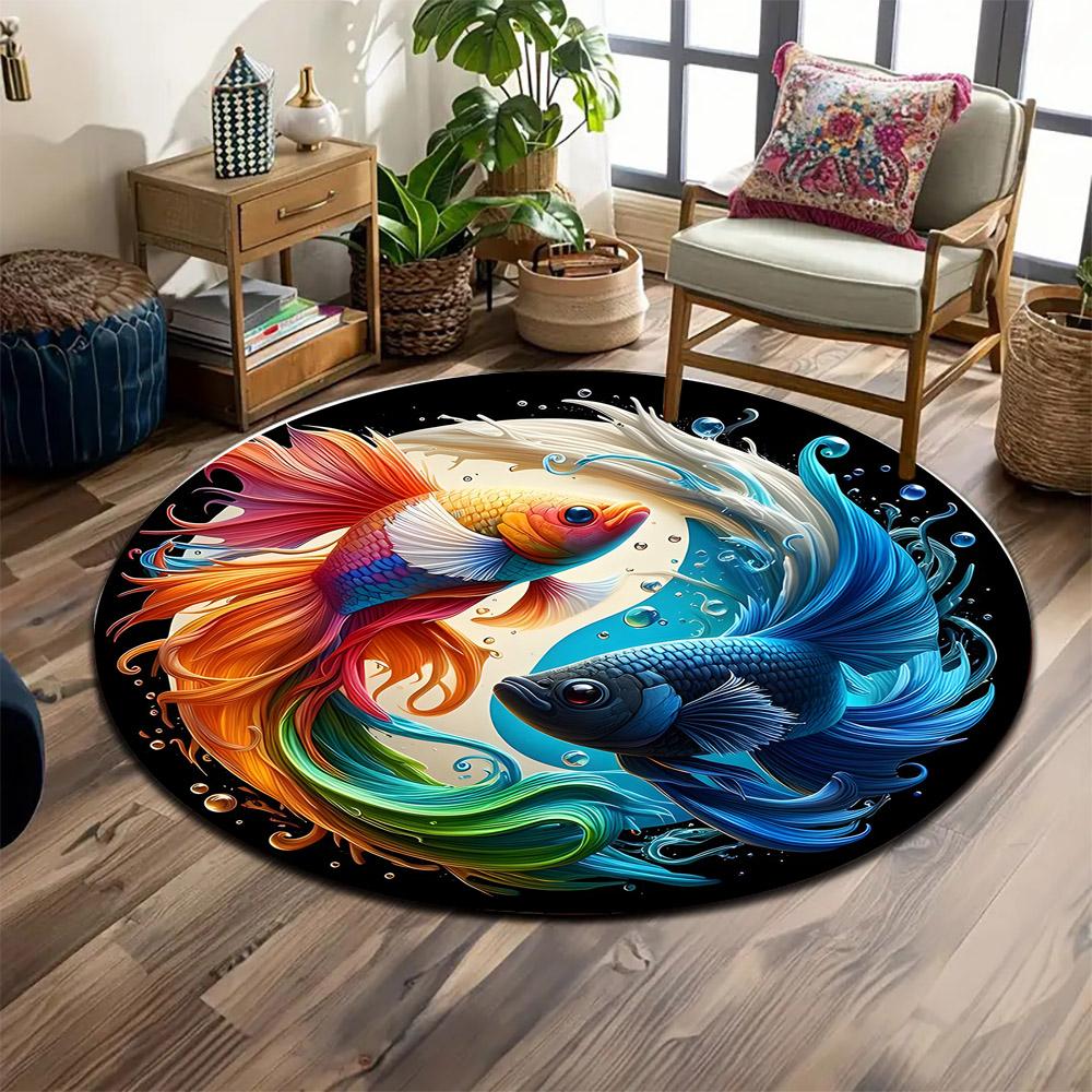 "Colorful Yin-Yang Betta Fish Design" Print Round Rug, Living Room, Bedroom, Playroom Carpet, Non Slip Floor Mat, Gift