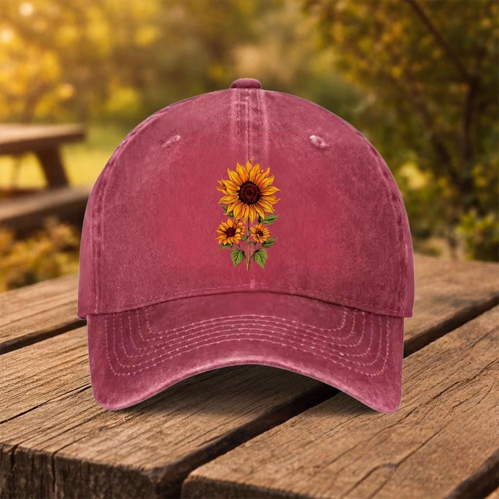 Sunflower Print Washed Cotton Baseball Cap Adjustable Casual Outdoor Sun Hat