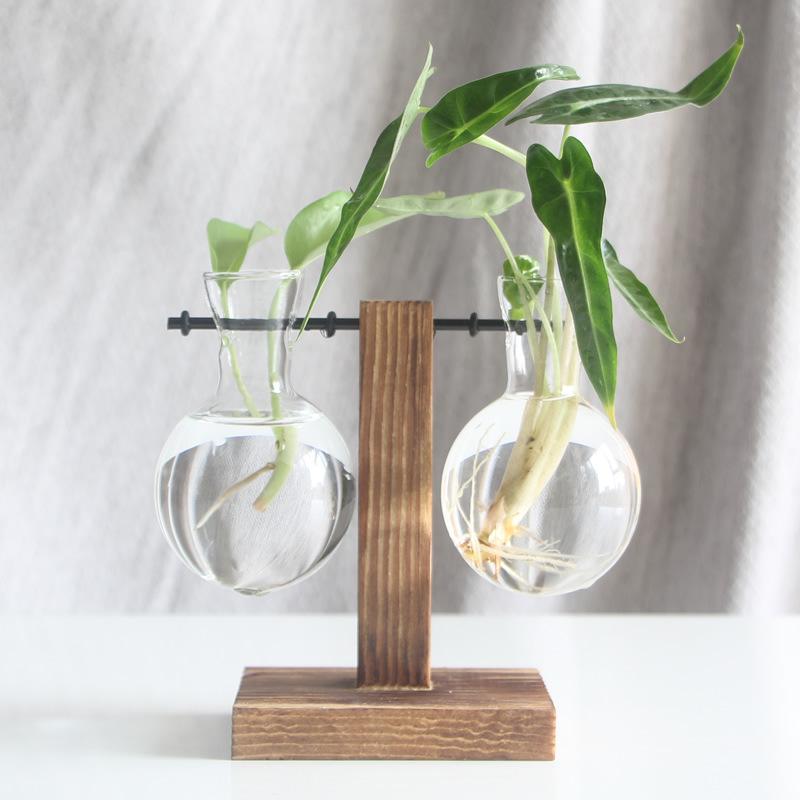 Creative Wooden Frame Hydroponic Vase with Glass Container for Desktop Decoration