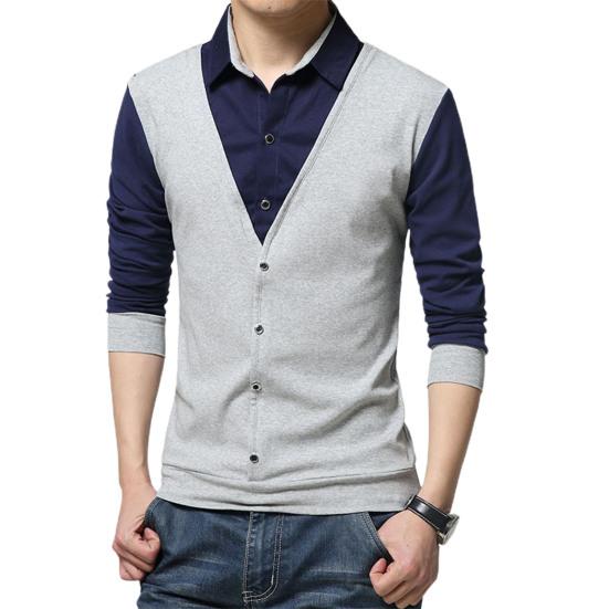 Maglia a maniche lunghe Patchwork Colorata da uomo Finto due pezzi Slim con colletto rovesciato Pullover per l'uso quotidiano