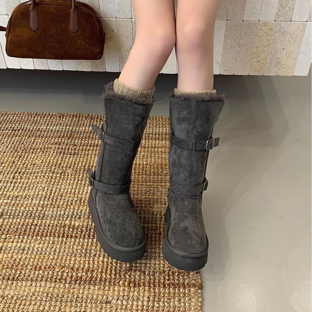 2025 Herbst und Winter neue runde Zehe dicksohlige hoher Schaft Gürtelschnalle Schnee rutschfest aber Knie Ritter warm Damenstiefel