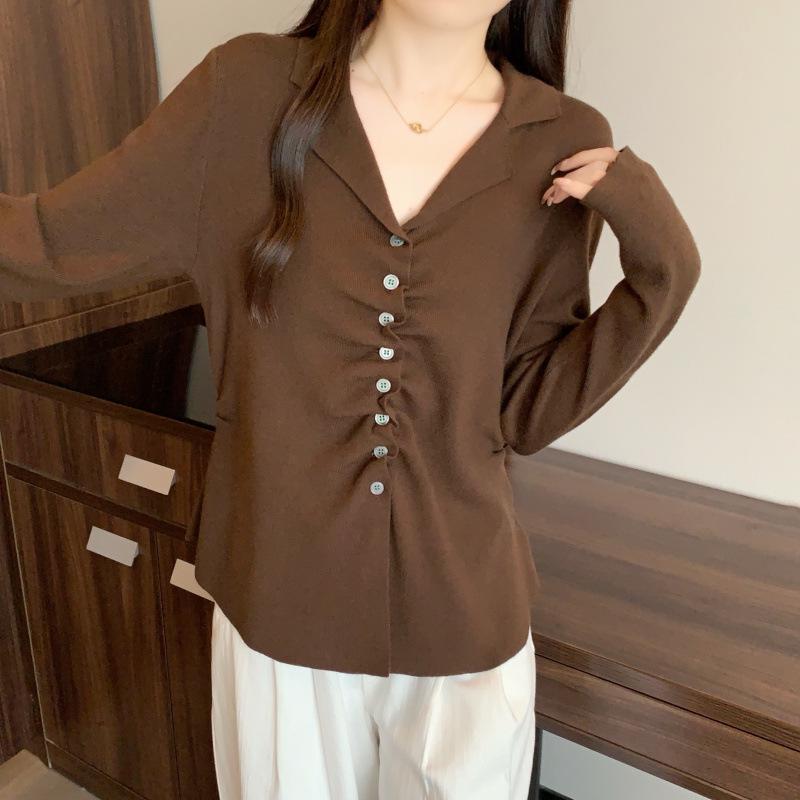 Spring 2026 Pleated Plus Size Slimming Knit Top with Long Sleeves 2XL кофейный