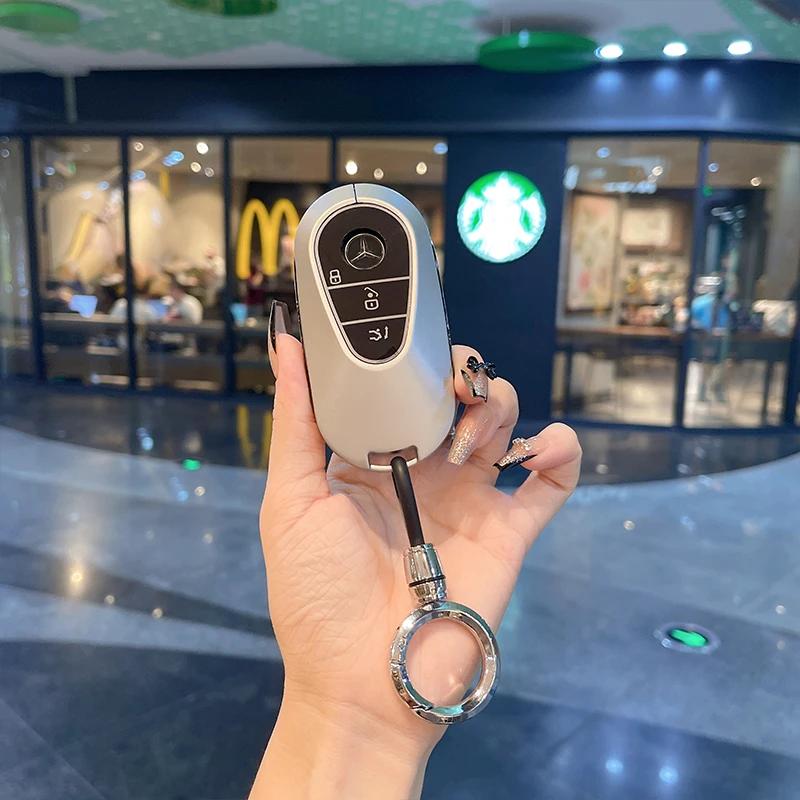 Mercedes Benz Key Fob Cover with Keychain, Pink Genuine Leather Crystal Key Case Protection Shell Fit for 2020