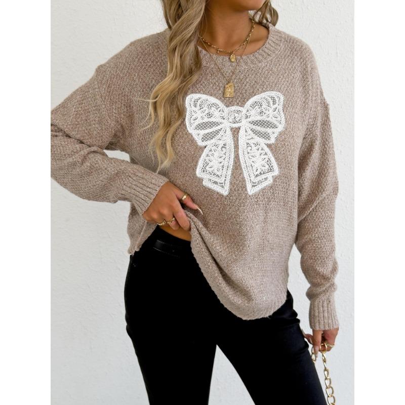 Women S Round Neck Long Sleeve Pullover Sweater Featuring Embroidered Lace Butterfly Splicing