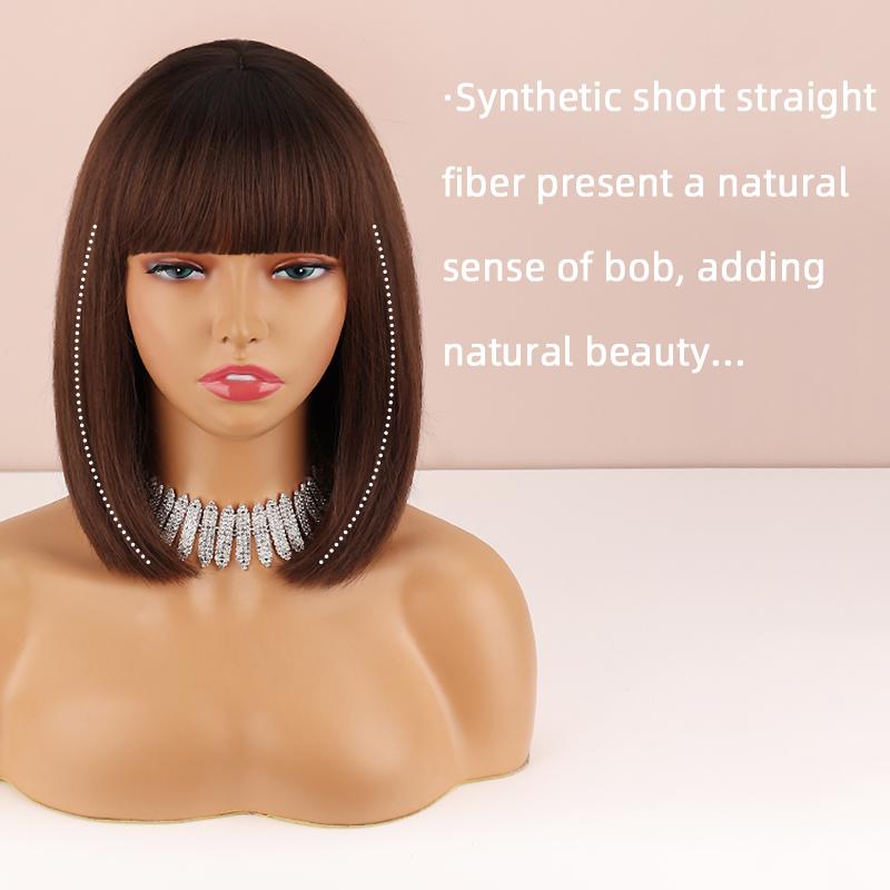 LISI HAIR Peruca curta e reta com franja na altura dos ombros, peruca sintética natural de uso diário, cor marrom escuro, bob
