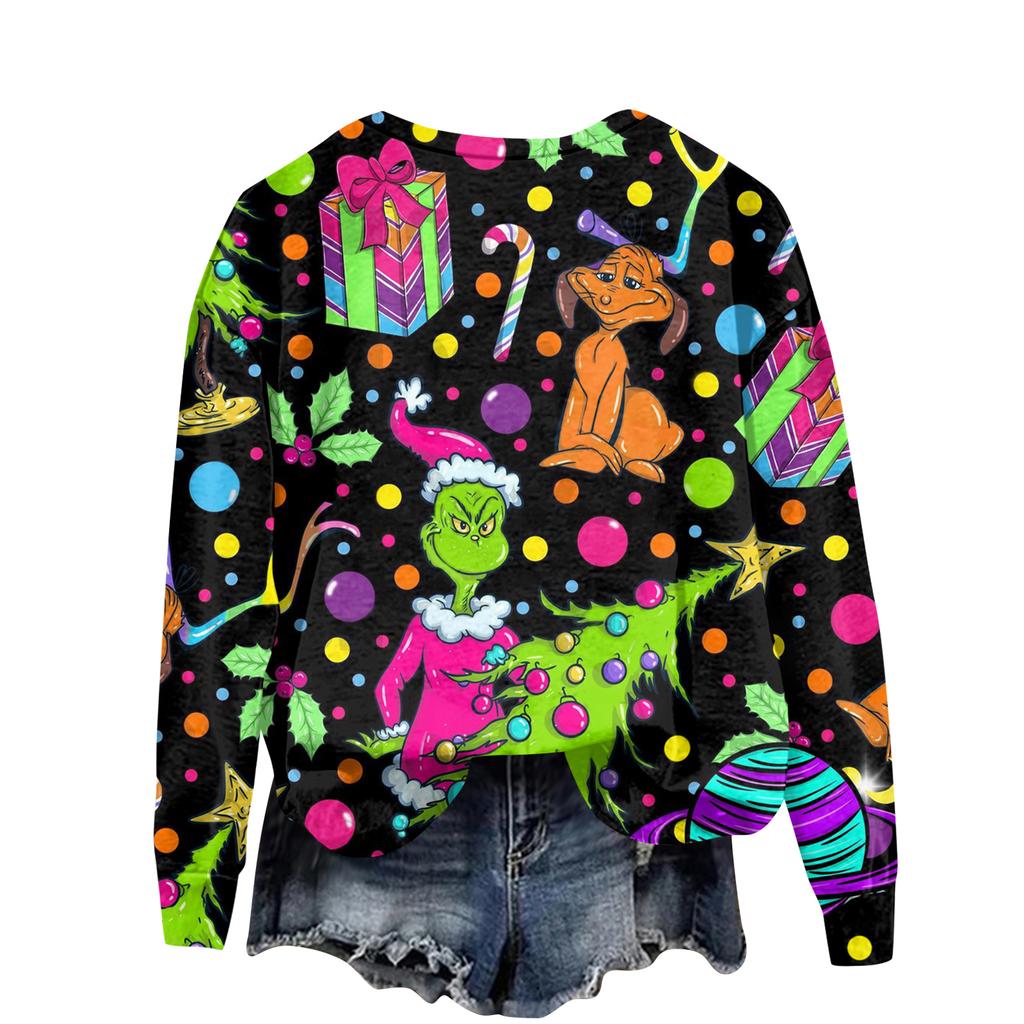 Ladies' Christmas Greentown Print Casual Long Sleeved Round Neck Sports Hoodie Top