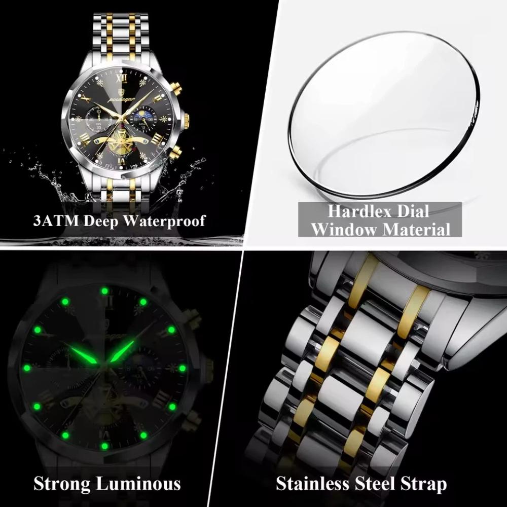 POEDAGAR Original Luxus Herrenuhr Wasserdicht Leuchtend Chronograph Armbanduhr Edelstahl Quarzuhren für Mann Reloj