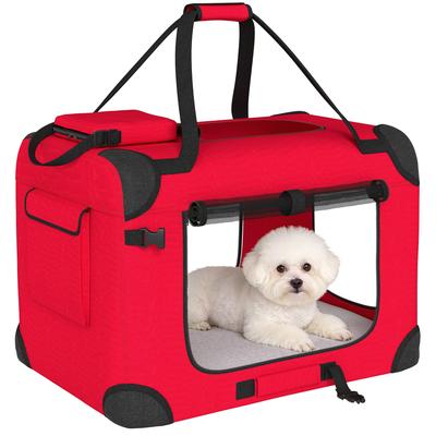 Foldable Dog Carrier 60x41.5x41 Cm with Mesh Windows Soft Cushion and 2 Handles for Mini Dogs and Cats Red