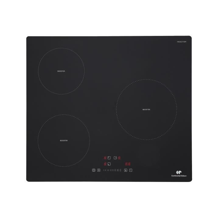 Plaque induction 3 foyers CONTINENTAL EDISON 6200W - 59 x 52 cm - 3 timers - 3 boosters - noir