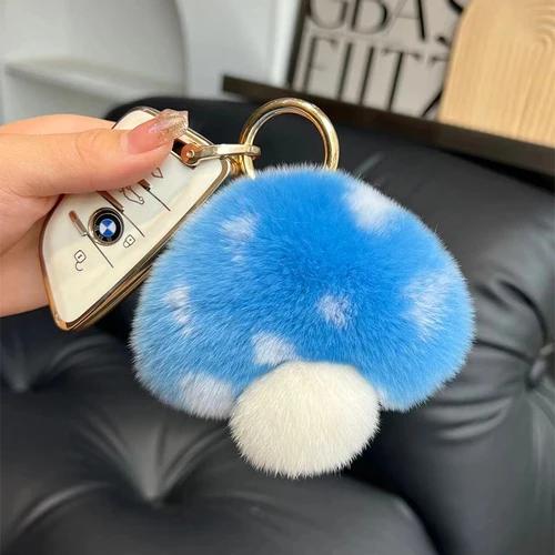 Wholesale Cute Mushroom Real Rex Rabbit Fur Key Chains Girls Schoolbag Toy Pendant  Women Bag Charm Ornaments Car Keyring Gift