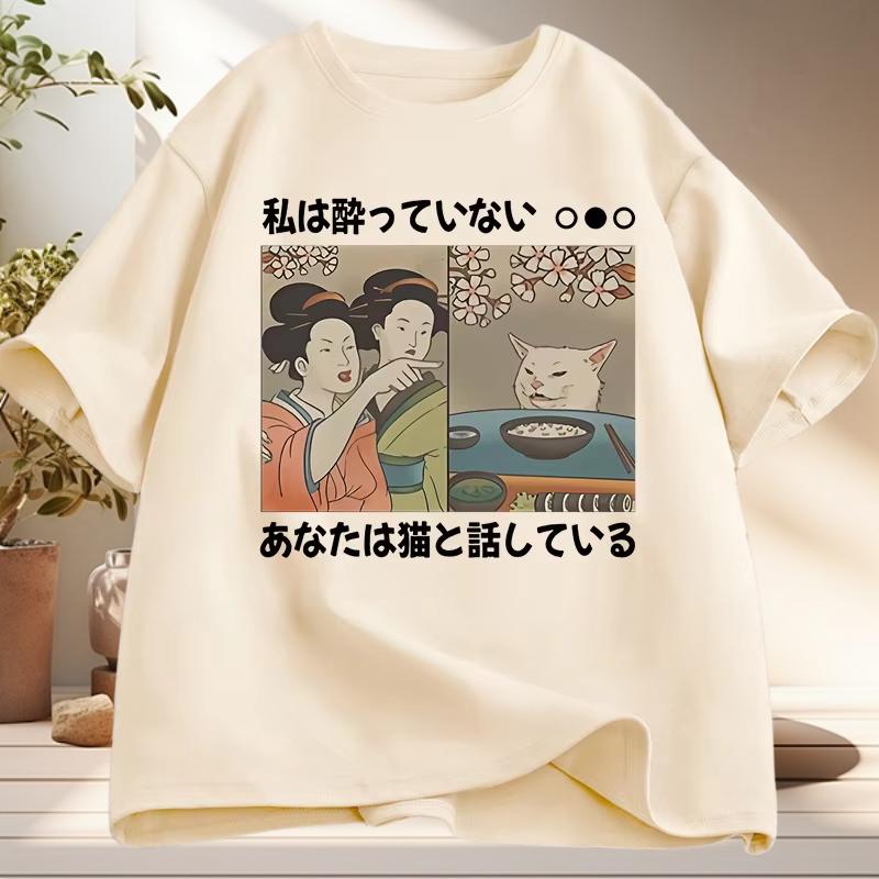 Japanese Style Cartoon Cat TShirts Summer Harajuku Kawaii Cat Printed Short Sleeve Tees Harajuku Y2K Tops Vintage Streetwear