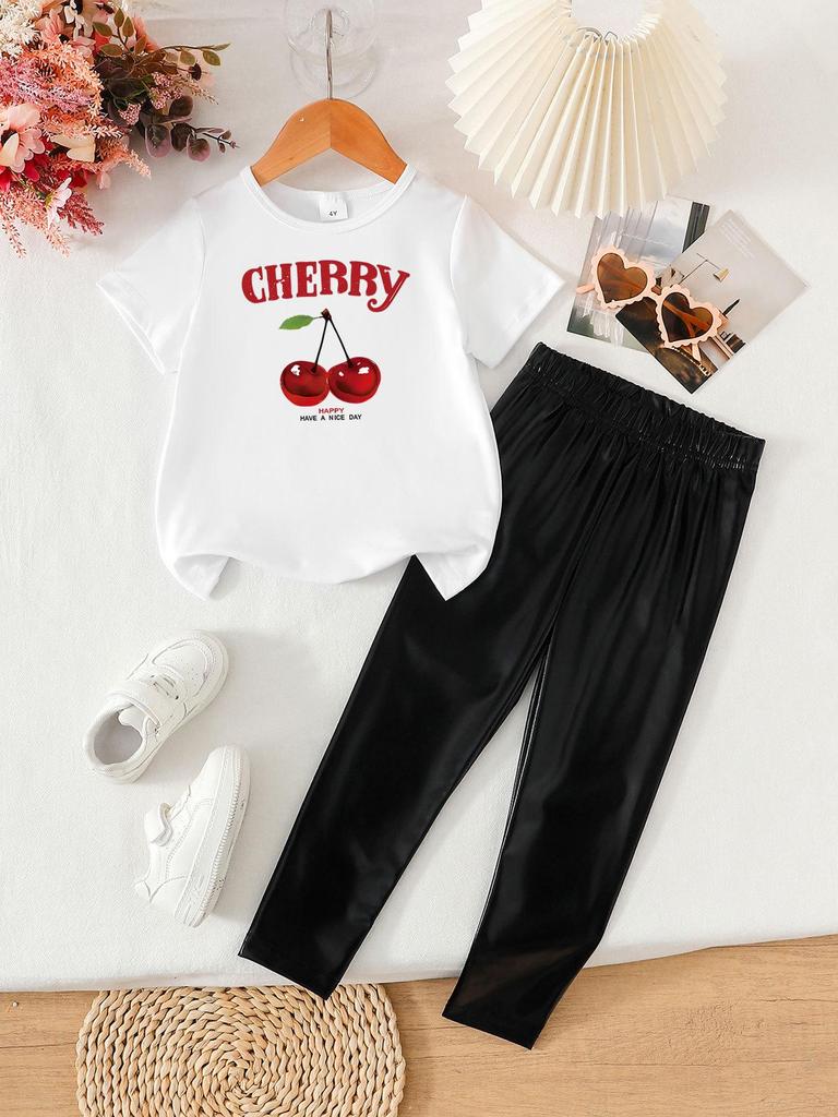 Summer Girls' Fashionable Two-Piece Clothing Set: Short Sleeve Top & Printed Long Pants