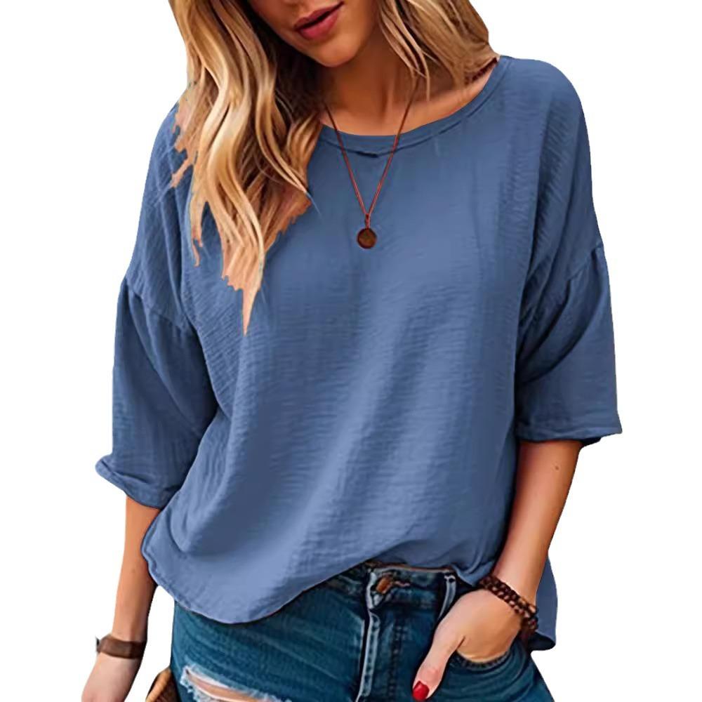 

IHUASU летняя женская повседневная удобная однотонная футболка с рукавами из семи точек XL синий