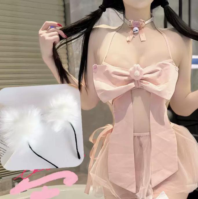 New sex underwear pink bow chest pad three-point pure desire temptation splicing mesh perspective free qqny