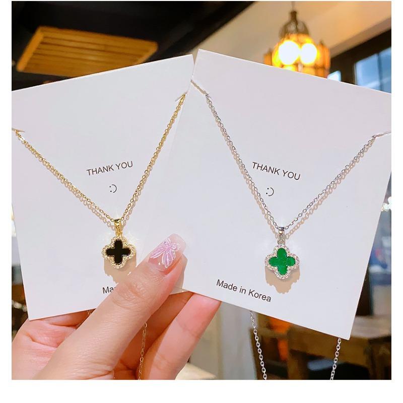 Fashion Commuter Double Sided Four Leaf Clover Zircon Pendant Clavicle Necklace For Women