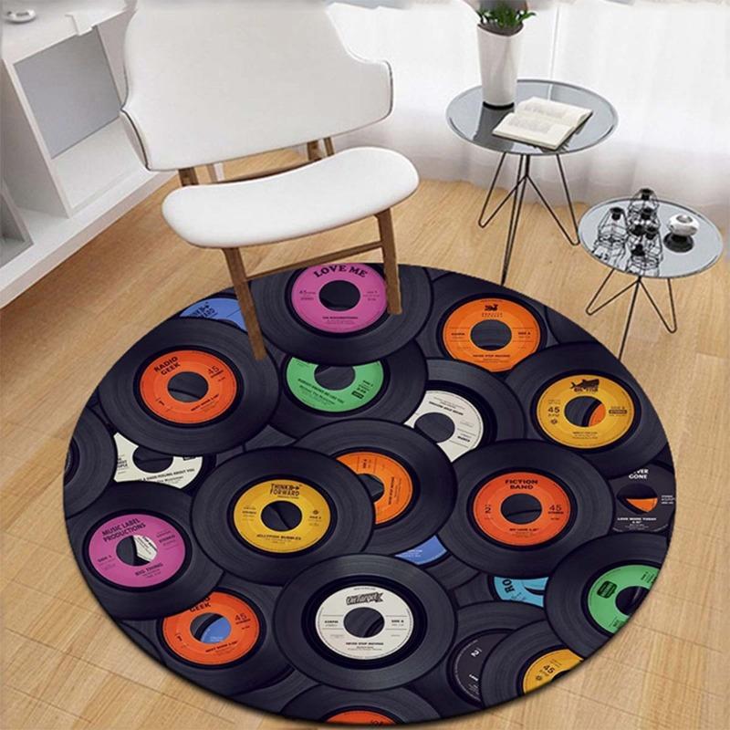 Vinyl Record Round Rug Retro Music Themed Flannel Carpet for Living Room Bedroom Studio Decor Rock n Roll Style Floor Mat