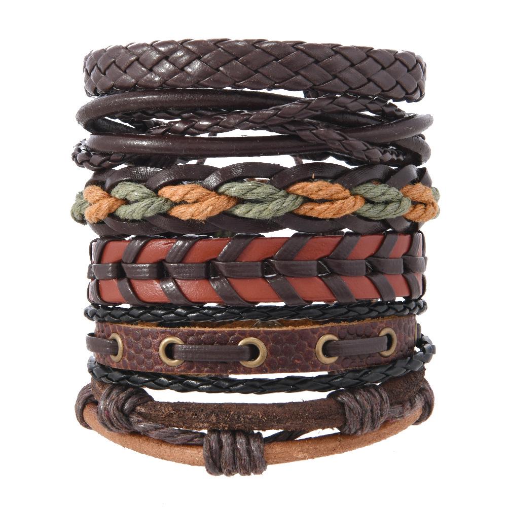 

Men s European & American Vintage Woven Cowhide Bracelet Set: Six Multi-Layer Bangles