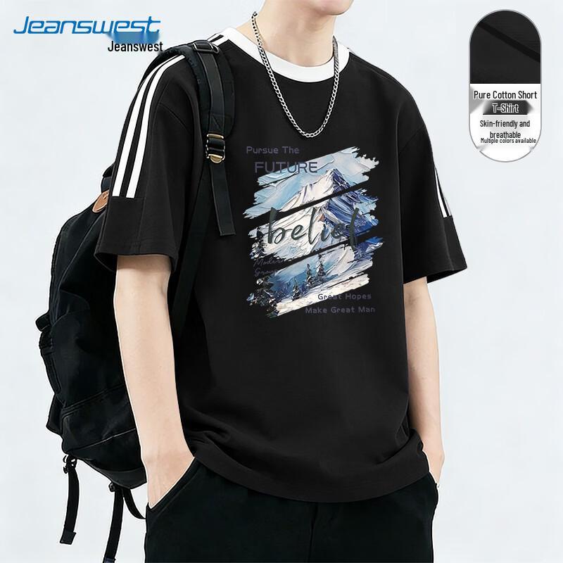 

Jeanswest Men s Heavyweight Cotton T-Shirt with American Two-Stripe & Snow Mountain Print XL