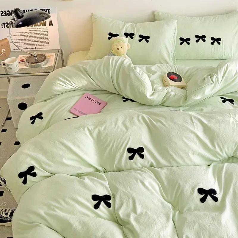 Růžový 3D vyšívaný set přikrývky s mašlí, Bavlněné růžové pohodlné měkké ložní prádlo, Vhodné pro ložní prádlo do pokoje pro dívky, děti a teenagery