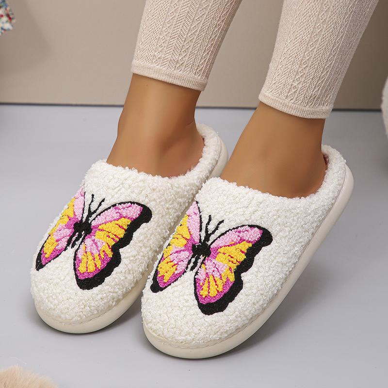 Pink Butterfly Winter Slippers Women Fashion Print Thicken Plush House Slippers Woman Indoor Non-Slip Keep Warm Cotton Slides