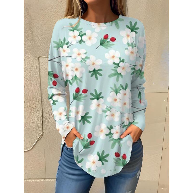 

2024 Новая модная женская повседневная футболка с длинным рукавом с 3D-принтом и принтом листьев и цветов, круглая горловина, свободная, удобная и простая 8XL