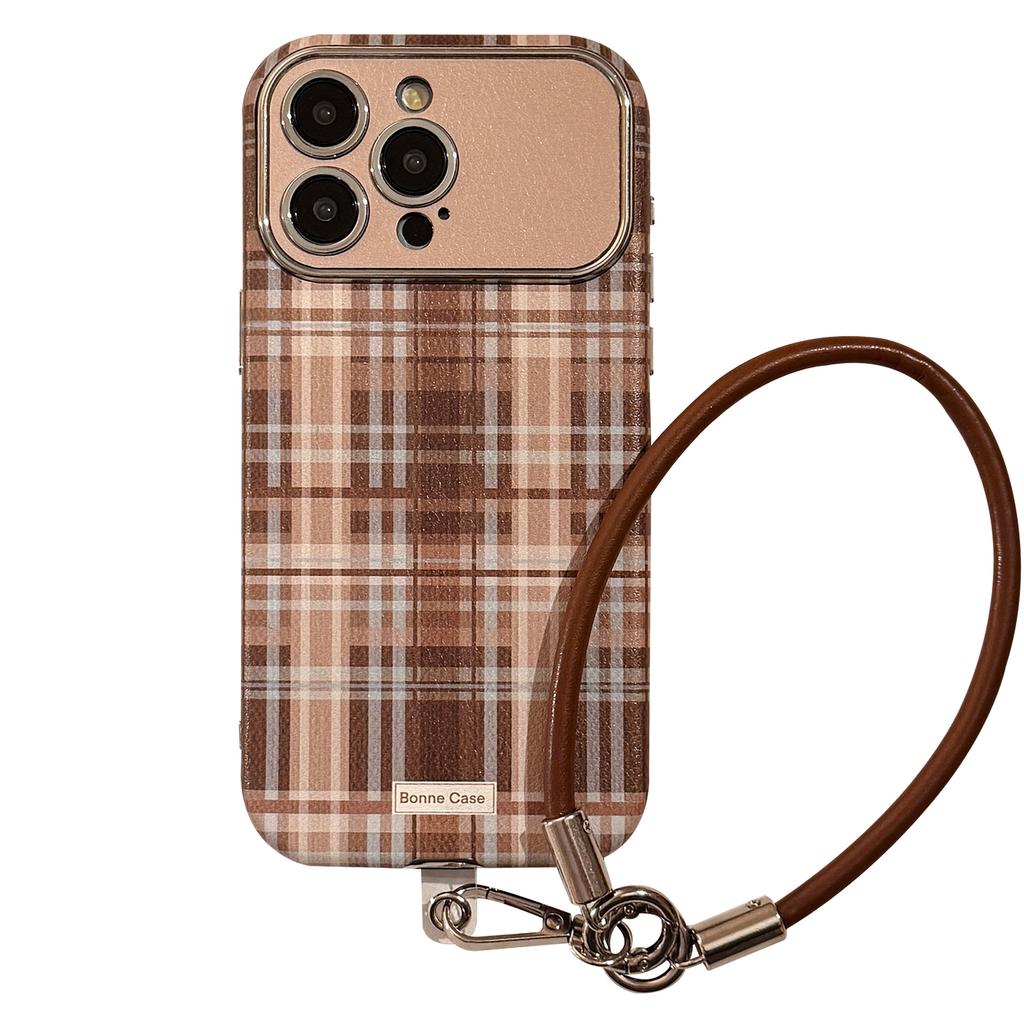 Brown Checked Pattern Suitable for Iphone16promax Mobile Phone Case Apple 15 14 Anti Fall 13 Lanyard 16 Advanced 11